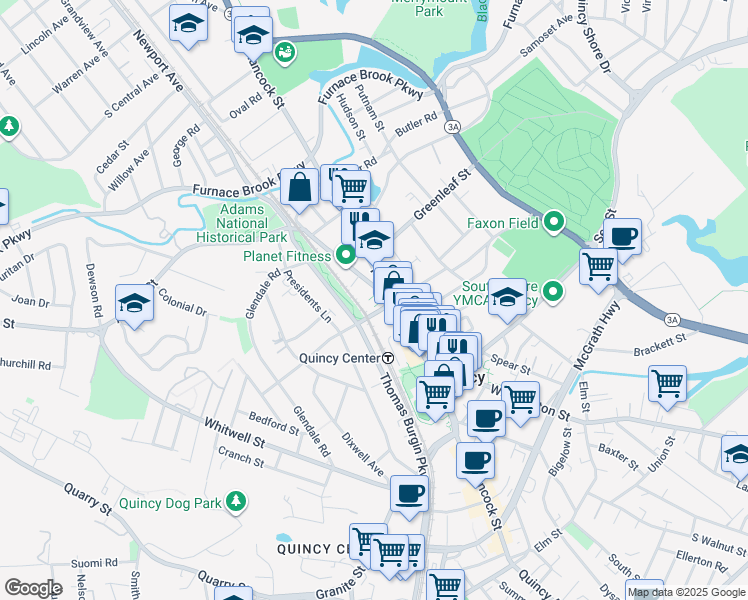 map of restaurants, bars, coffee shops, grocery stores, and more near 8 Adams Street in Quincy