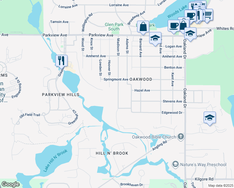 map of restaurants, bars, coffee shops, grocery stores, and more near 3810 Madison Street in Kalamazoo