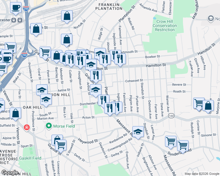 map of restaurants, bars, coffee shops, grocery stores, and more near 2 Cohasset Street in Worcester