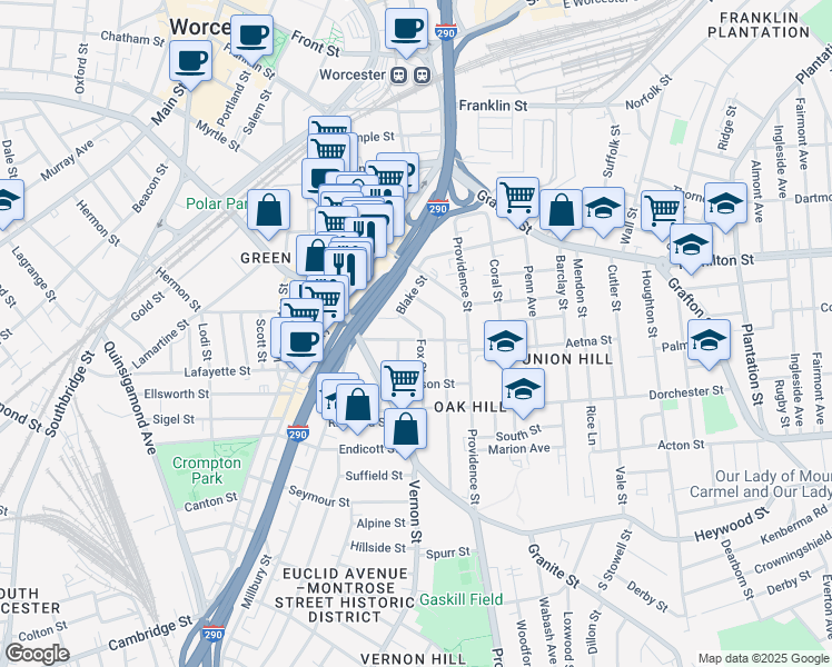 map of restaurants, bars, coffee shops, grocery stores, and more near 21 Jefferson Street in Worcester