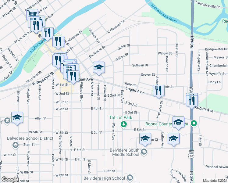 map of restaurants, bars, coffee shops, grocery stores, and more near 618 Warren Avenue in Belvidere