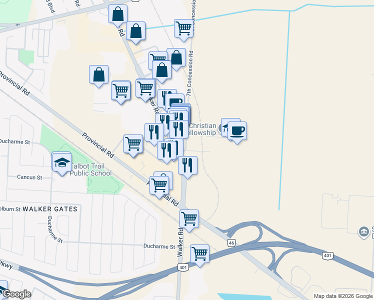 map of restaurants, bars, coffee shops, grocery stores, and more near 4490 Concession Road 7 in Windsor