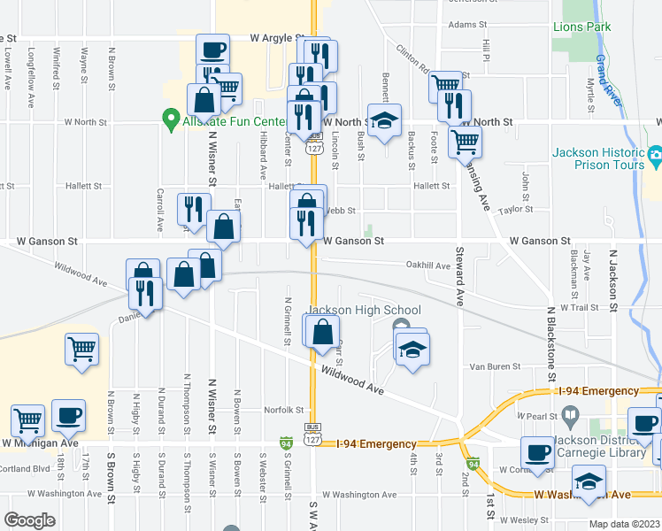 map of restaurants, bars, coffee shops, grocery stores, and more near 705 Oakhill Avenue in Jackson
