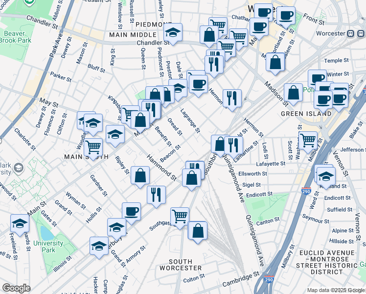 map of restaurants, bars, coffee shops, grocery stores, and more near 128 Beacon Street in Worcester
