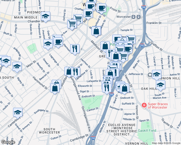 map of restaurants, bars, coffee shops, grocery stores, and more near 21 Lodi Street in Worcester