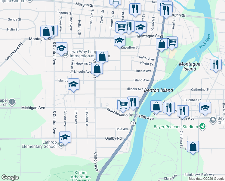 map of restaurants, bars, coffee shops, grocery stores, and more near 726 Illinois Avenue in Rockford
