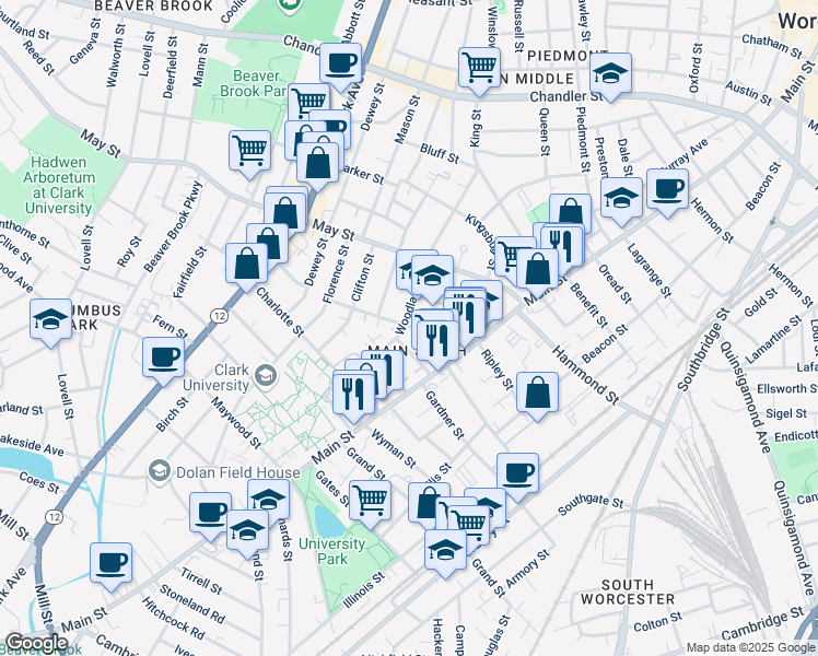 map of restaurants, bars, coffee shops, grocery stores, and more near in Worcester
