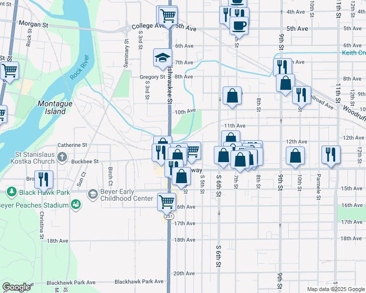 map of restaurants, bars, coffee shops, grocery stores, and more near 810 Buckbee Street in Rockford