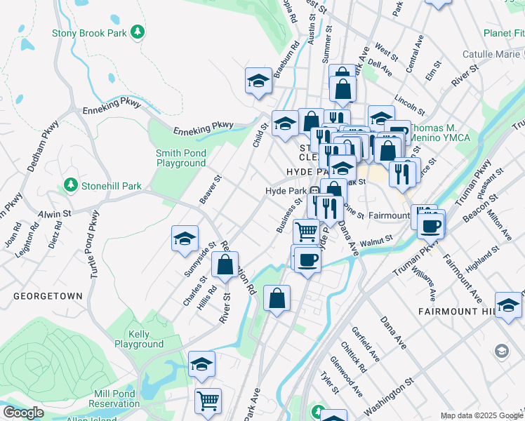 map of restaurants, bars, coffee shops, grocery stores, and more near 1398 River Street in Boston