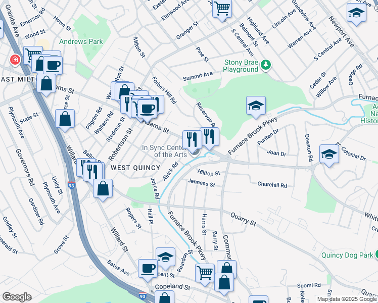 map of restaurants, bars, coffee shops, grocery stores, and more near 550 Adams Street in Quincy
