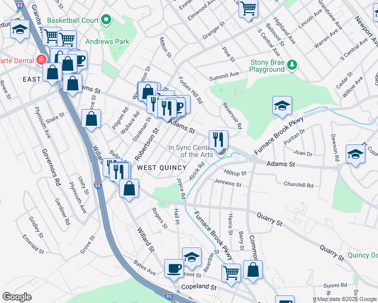 map of restaurants, bars, coffee shops, grocery stores, and more near 9 Kimball Street in Quincy
