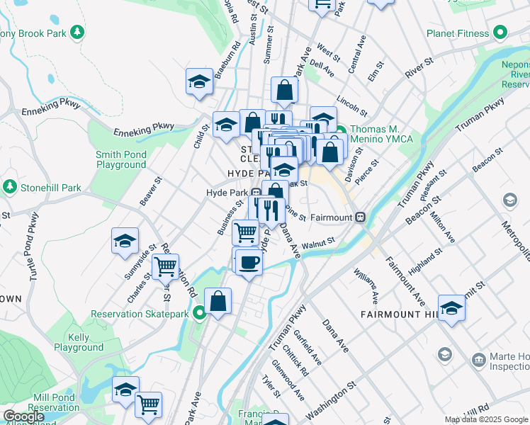 map of restaurants, bars, coffee shops, grocery stores, and more near 1329 Hyde Park Avenue in Boston