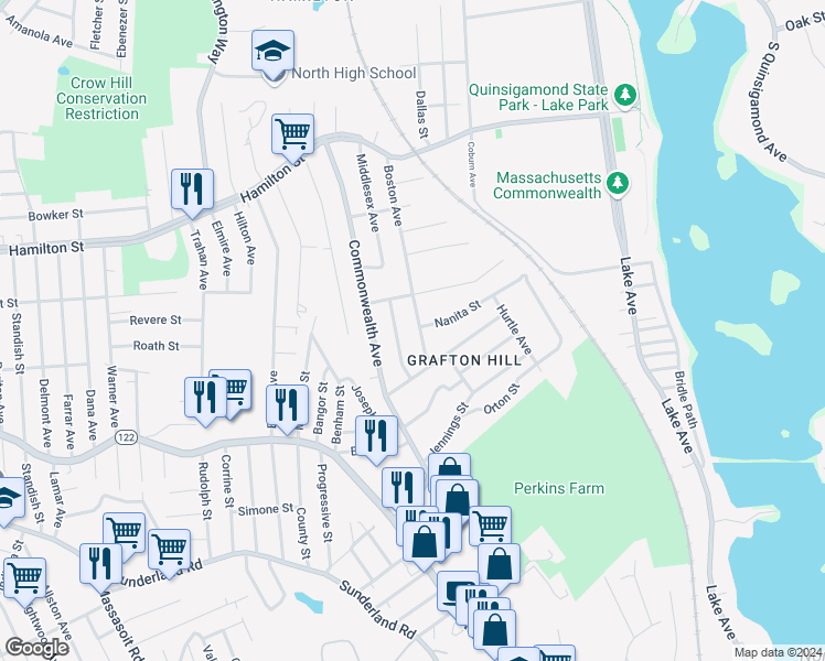 map of restaurants, bars, coffee shops, grocery stores, and more near 87 Middlesex Avenue in Worcester