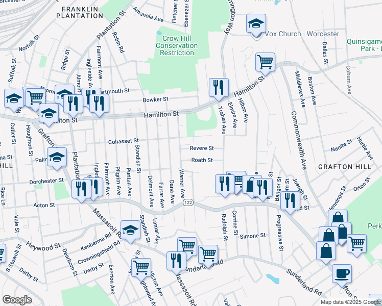 map of restaurants, bars, coffee shops, grocery stores, and more near 9 Roath Street in Worcester
