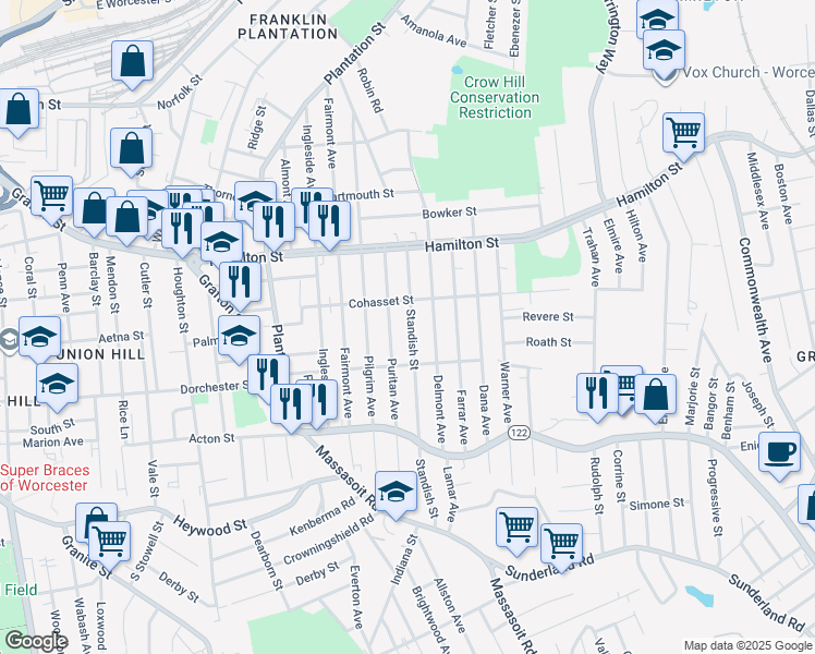 map of restaurants, bars, coffee shops, grocery stores, and more near 33 Standish Street in Worcester