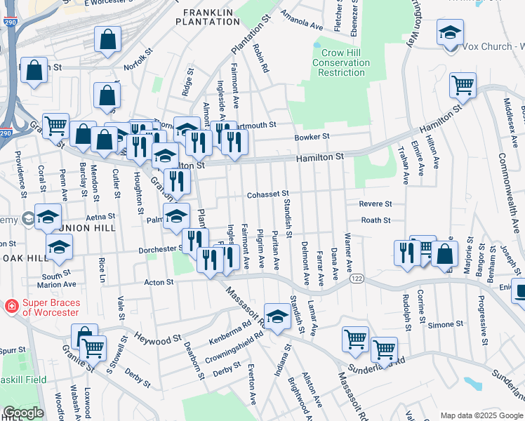 map of restaurants, bars, coffee shops, grocery stores, and more near 161 Pilgrim Avenue in Worcester