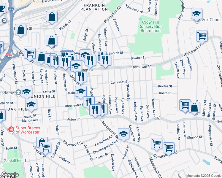 map of restaurants, bars, coffee shops, grocery stores, and more near 184 Fairmont Avenue in Worcester