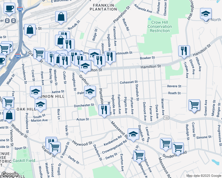 map of restaurants, bars, coffee shops, grocery stores, and more near 7 Village Street in Worcester