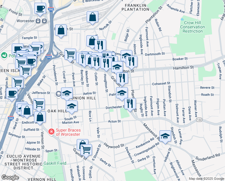 map of restaurants, bars, coffee shops, grocery stores, and more near 47 Houghton Street in Worcester