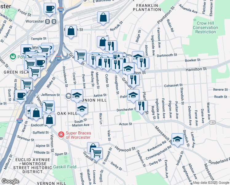 map of restaurants, bars, coffee shops, grocery stores, and more near 47 Houghton Street in Worcester