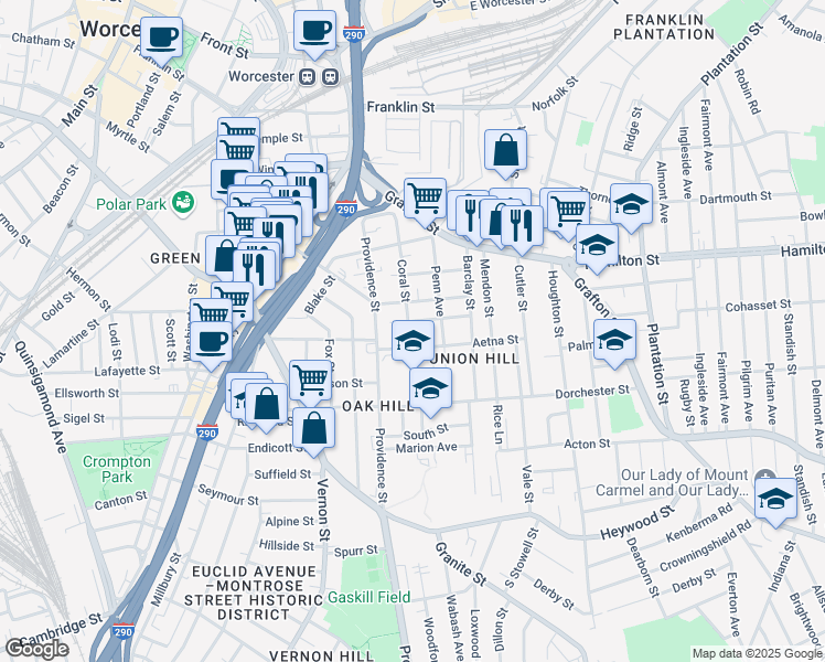 map of restaurants, bars, coffee shops, grocery stores, and more near 9 Aetna Street in Worcester