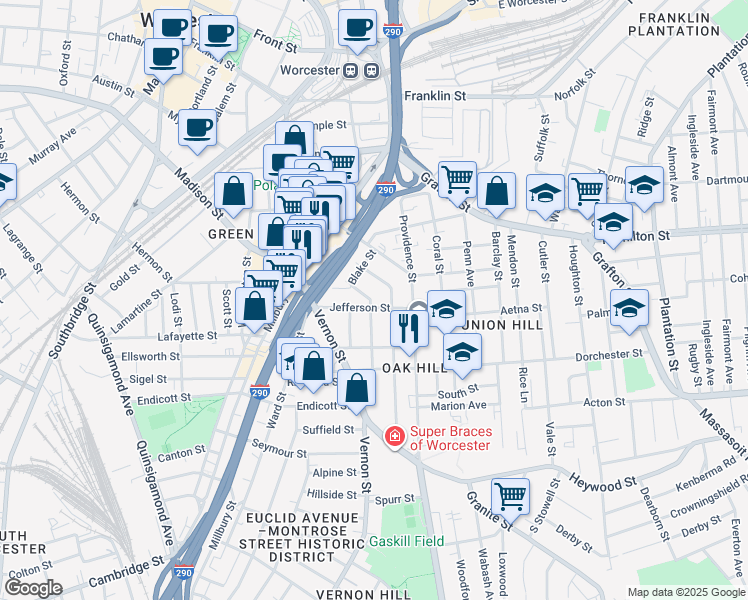 map of restaurants, bars, coffee shops, grocery stores, and more near 24 Jefferson Street in Worcester