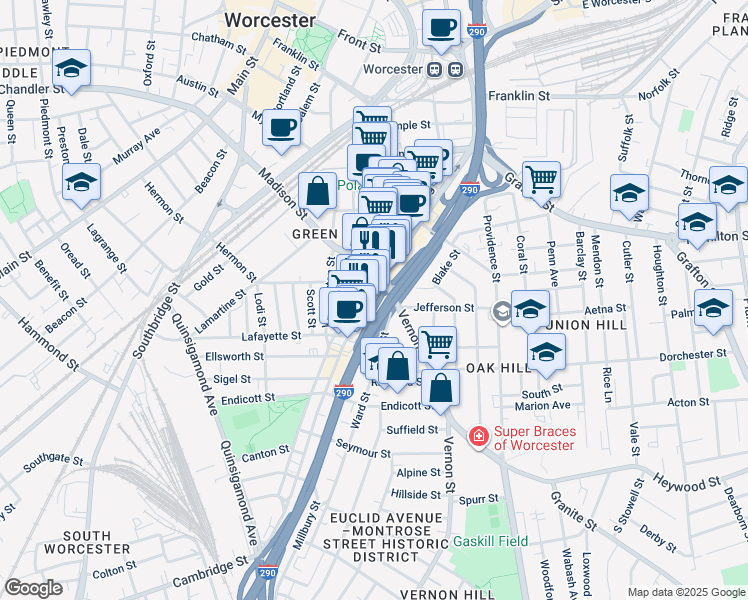 map of restaurants, bars, coffee shops, grocery stores, and more near 22 Vernon Street in Worcester