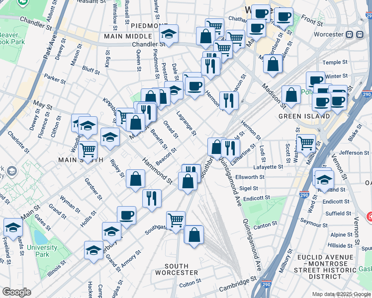 map of restaurants, bars, coffee shops, grocery stores, and more near 72 Oread Street in Worcester