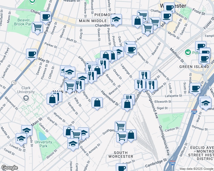 map of restaurants, bars, coffee shops, grocery stores, and more near 9 Mount Pleasant Street in Worcester