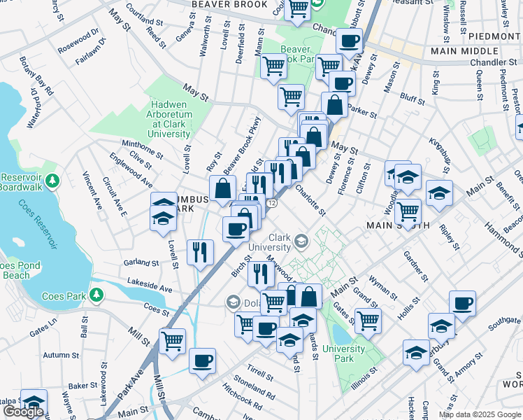 map of restaurants, bars, coffee shops, grocery stores, and more near 488 Park Avenue in Worcester