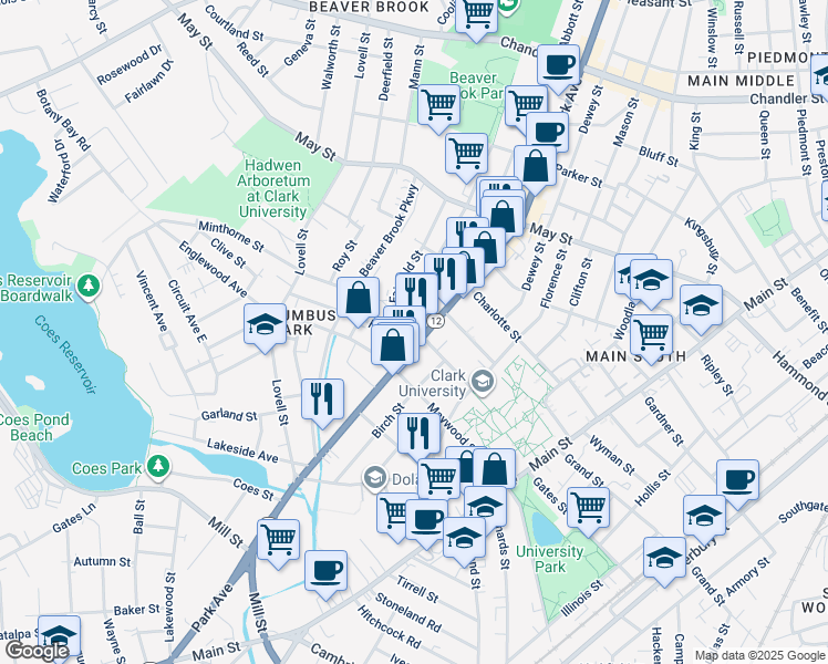 map of restaurants, bars, coffee shops, grocery stores, and more near 488 Park Avenue in Worcester