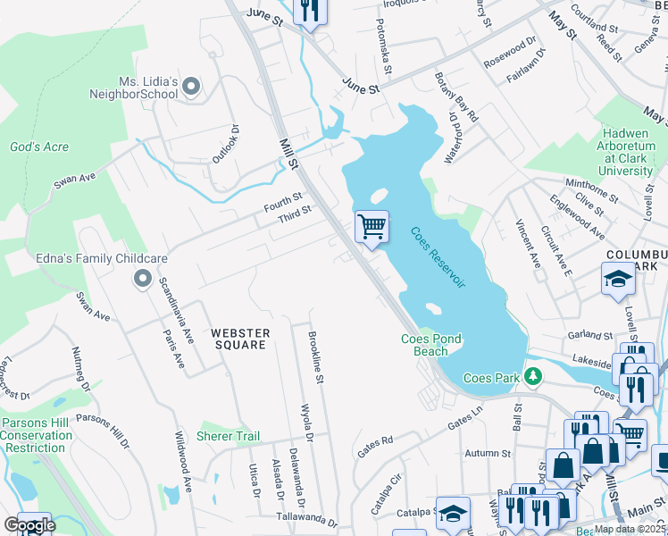 map of restaurants, bars, coffee shops, grocery stores, and more near 267 Mill Street in Worcester