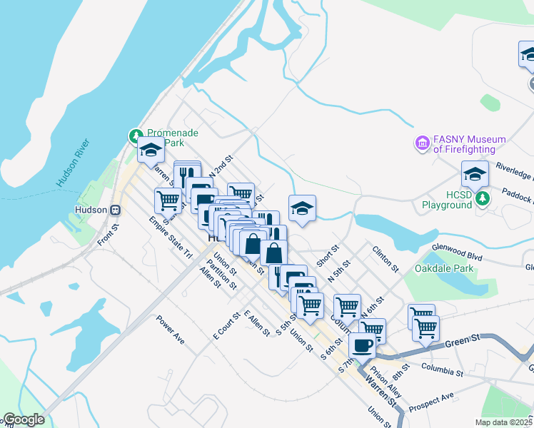 map of restaurants, bars, coffee shops, grocery stores, and more near 338 State Street in Hudson