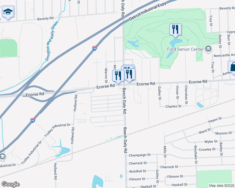 map of restaurants, bars, coffee shops, grocery stores, and more near 26000-26098 2nd St in Taylor