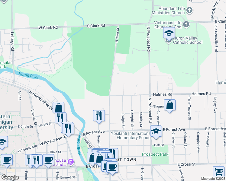 map of restaurants, bars, coffee shops, grocery stores, and more near 830 North River Street in Ypsilanti