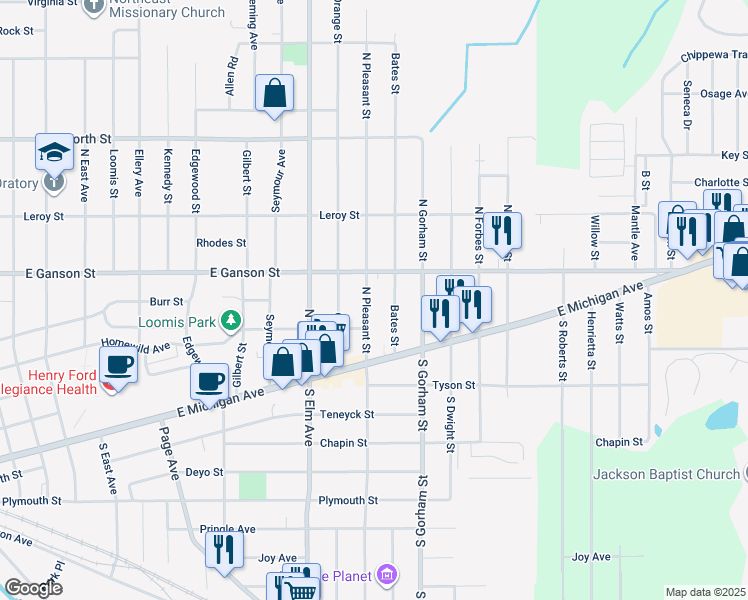 map of restaurants, bars, coffee shops, grocery stores, and more near 132 Bates Street in Jackson