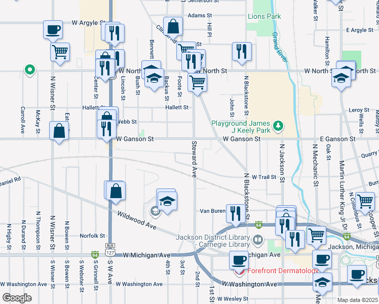 map of restaurants, bars, coffee shops, grocery stores, and more near 507 Oakhill Avenue in Jackson