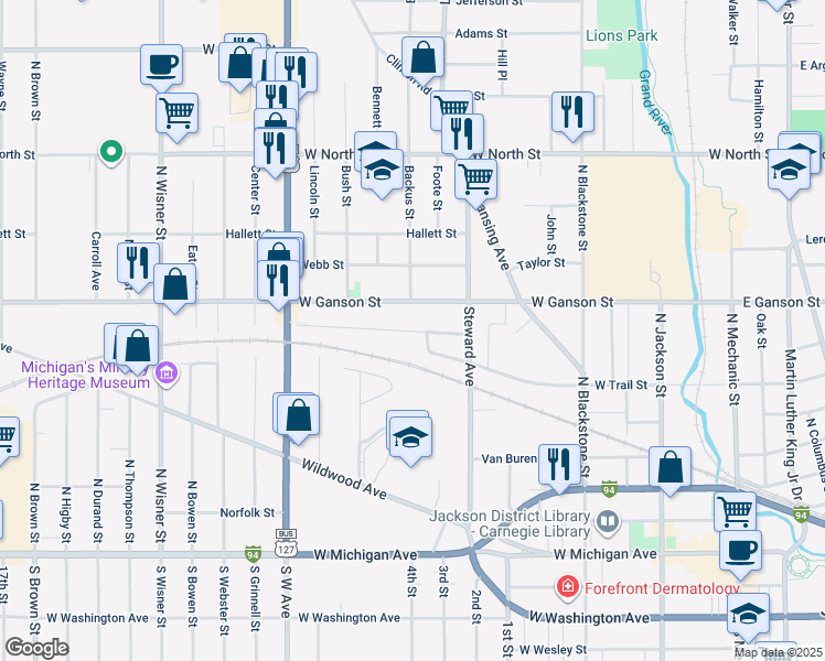 map of restaurants, bars, coffee shops, grocery stores, and more near 611 Oakhill Avenue in Jackson
