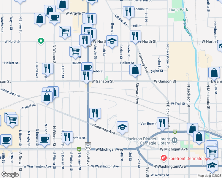 map of restaurants, bars, coffee shops, grocery stores, and more near 637 Oakhill Avenue in Jackson