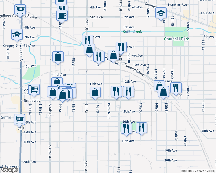 map of restaurants, bars, coffee shops, grocery stores, and more near 1319 Parmele Street in Rockford