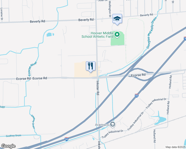 map of restaurants, bars, coffee shops, grocery stores, and more near 27416 Ecorse Road in Romulus