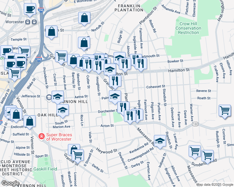map of restaurants, bars, coffee shops, grocery stores, and more near 413 Grafton Street in Worcester