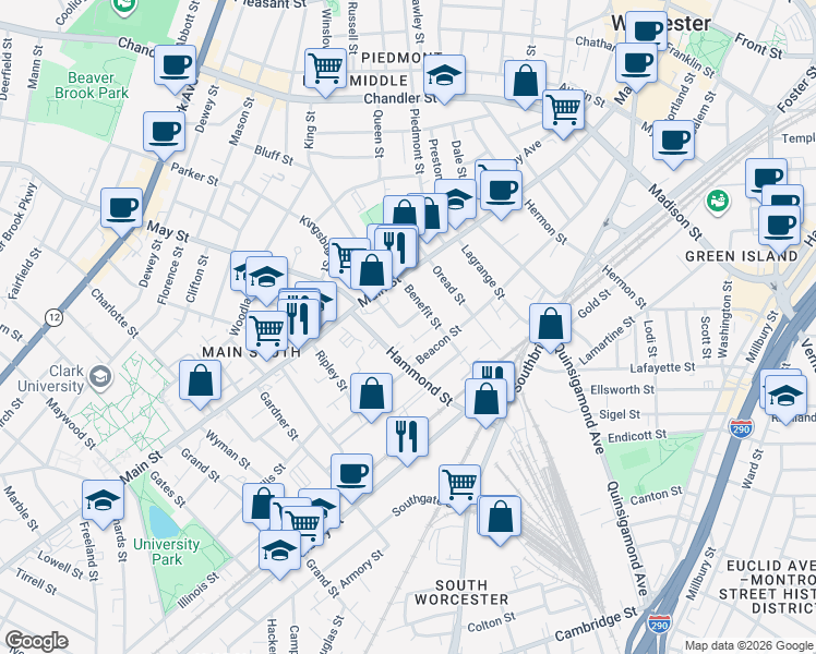 map of restaurants, bars, coffee shops, grocery stores, and more near 9 Mount Pleasant Street in Worcester