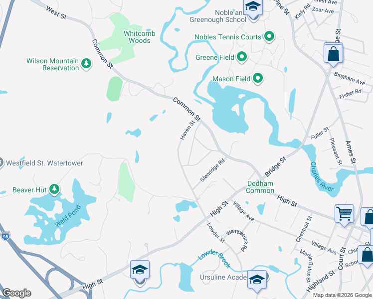 map of restaurants, bars, coffee shops, grocery stores, and more near 90 Haven Street in Dedham