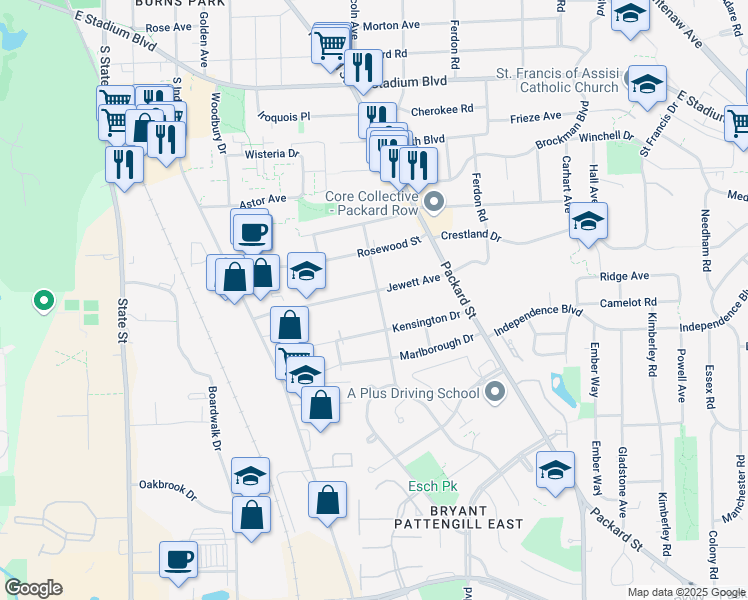 map of restaurants, bars, coffee shops, grocery stores, and more near 2309 Page Avenue in Ann Arbor