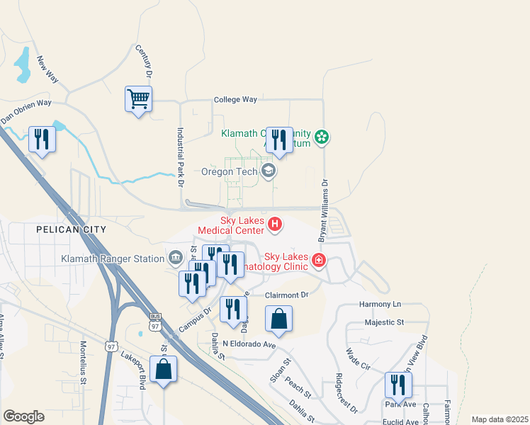 map of restaurants, bars, coffee shops, grocery stores, and more near 3201 Campus Drive in Klamath Falls