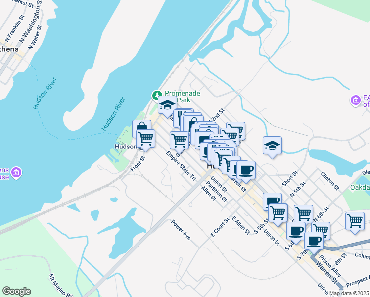 map of restaurants, bars, coffee shops, grocery stores, and more near 34 South 2nd Street in Hudson