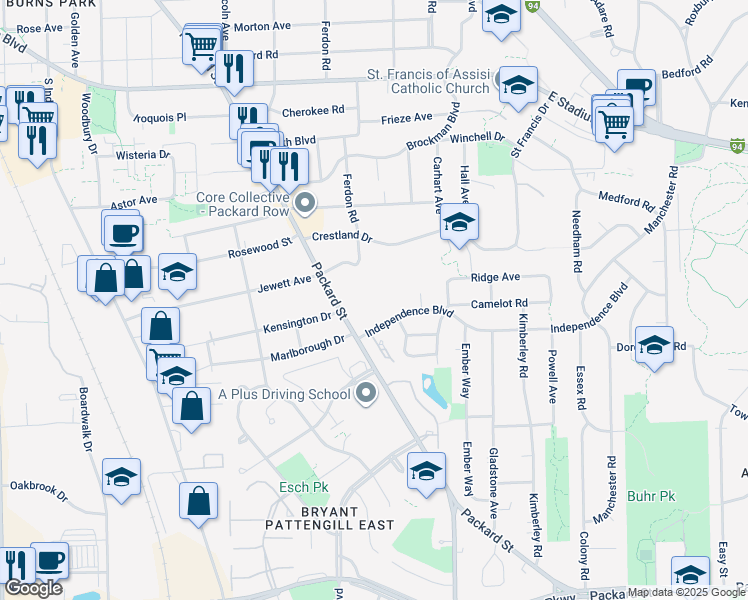 map of restaurants, bars, coffee shops, grocery stores, and more near 2407 Packard Street in Ann Arbor