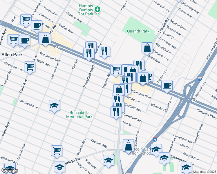 map of restaurants, bars, coffee shops, grocery stores, and more near 2183 Riopelle Avenue in Lincoln Park