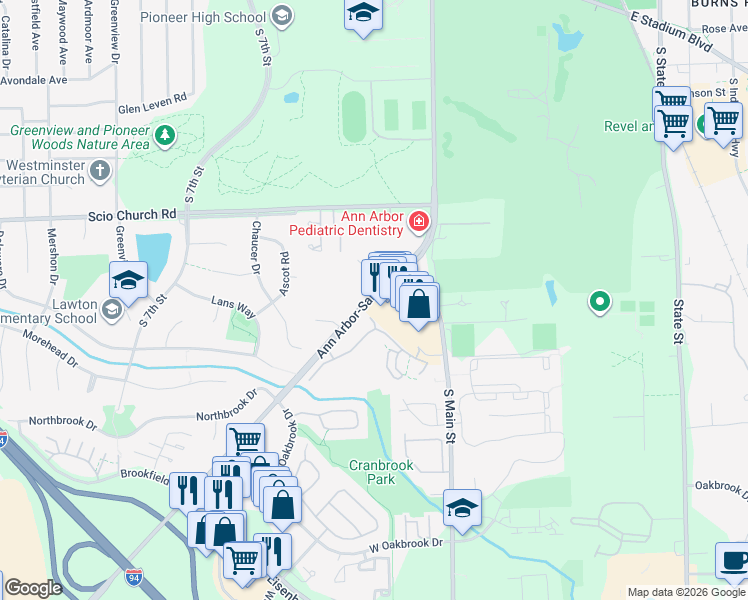 map of restaurants, bars, coffee shops, grocery stores, and more near 242 Fieldcrest Street in Ann Arbor